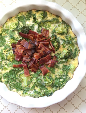 Energizing Spinach and Onion Paleo Quiche,. Top with bacon for a delicious dinner.