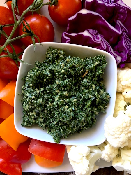 This Carrot Top Pesto is nut-free, dairy-free and delicious as a dip, spread or sauce.