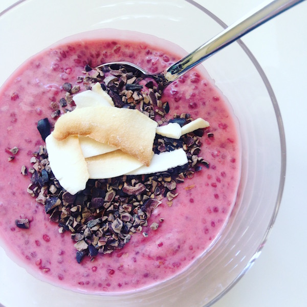 Top this Raspberry Chia Breakfast Pudding with raw cacao nibs and shredded coconut as in this photo for a delicious breakfast.