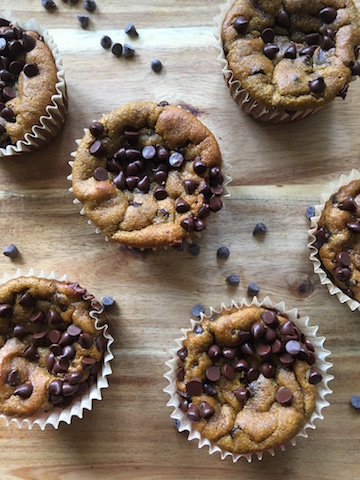 These Pumpkin Pie Chocolate Chip Muffins (pictured in this photo) are delicious and quick to make. And...they are gluten-free, dairy-free, nut-free and Paleo!