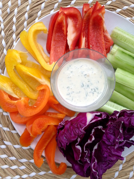 Fresh Herb Paleo Dipping Sauce is great with raw veggies as seen in this photo or added to a favourite sandwich or burger.